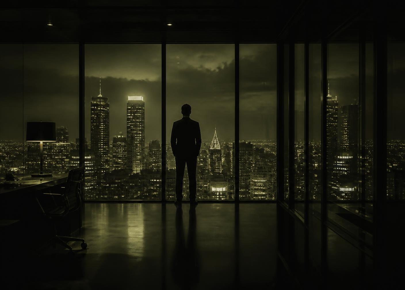 Empresário observando a cidade à noite de um escritório executivo